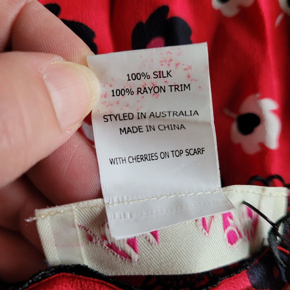 Silk Scarf with Cherries on Top ALANNAH HILL Rayon Lace Trim Red Black NEW - Picture 7 of 11